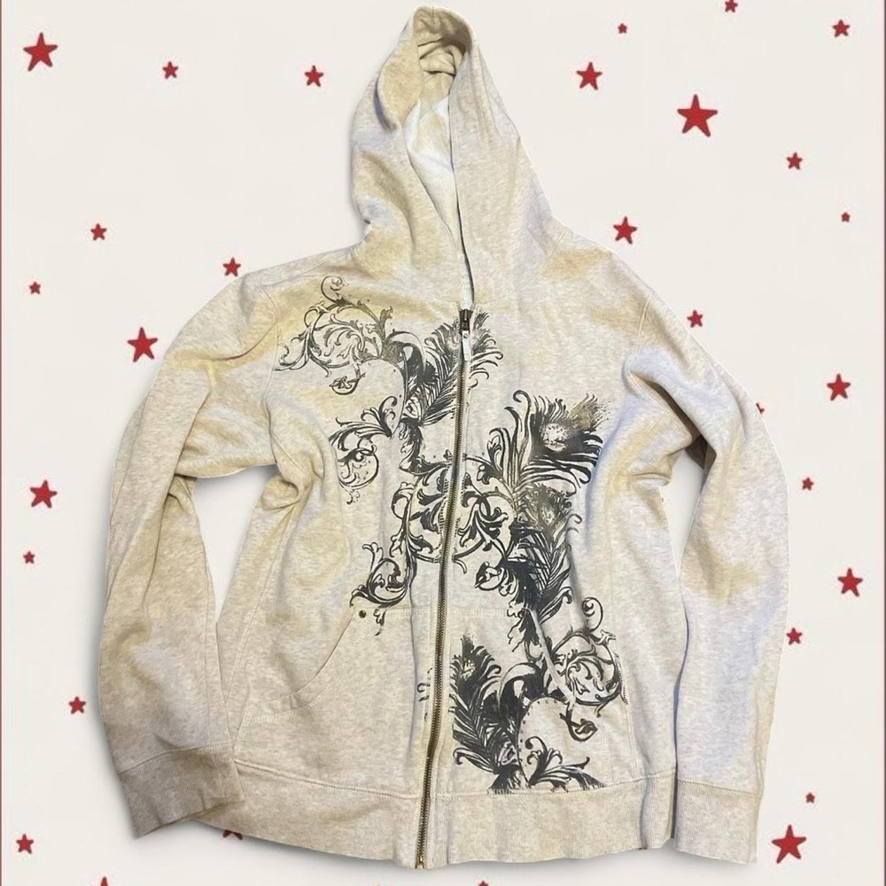 Style & Co. Cream Hoodie with Black Artistic Print